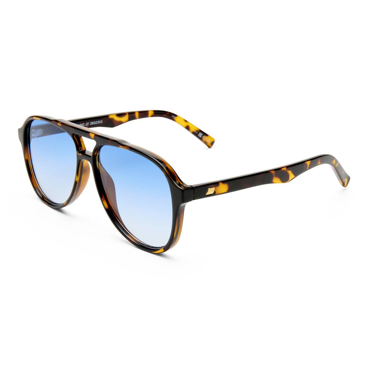 Sunglasses with tortoiseshell frame and blue lenses on a white background