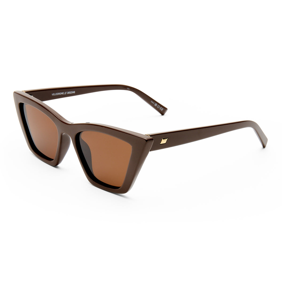 Brown sunglasses with a gold logo on a white background