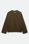 An oversized ribbed knit crewneck sweater in a dark brown color, displayed flat against a light gray background.