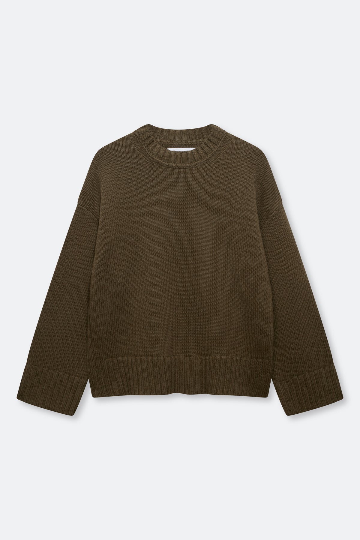 An oversized ribbed knit crewneck sweater in a dark brown color, displayed flat against a light gray background.