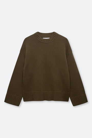 An oversized ribbed knit crewneck sweater in a dark brown color, displayed flat against a light gray background.