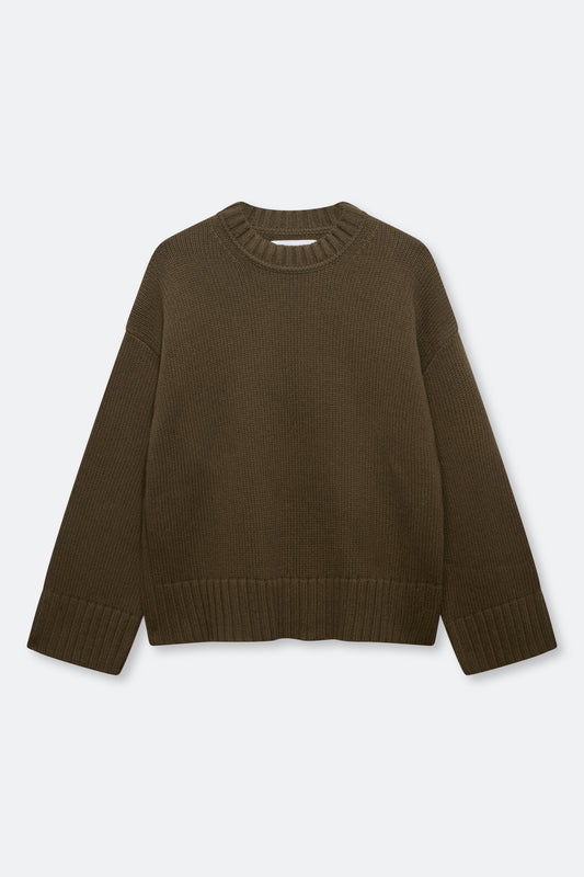 An oversized ribbed knit crewneck sweater in a dark brown color, displayed flat against a light gray background.
