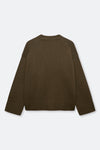 A dark brown ribbed knit sweater shown from the back, laid flat against a light gray background.