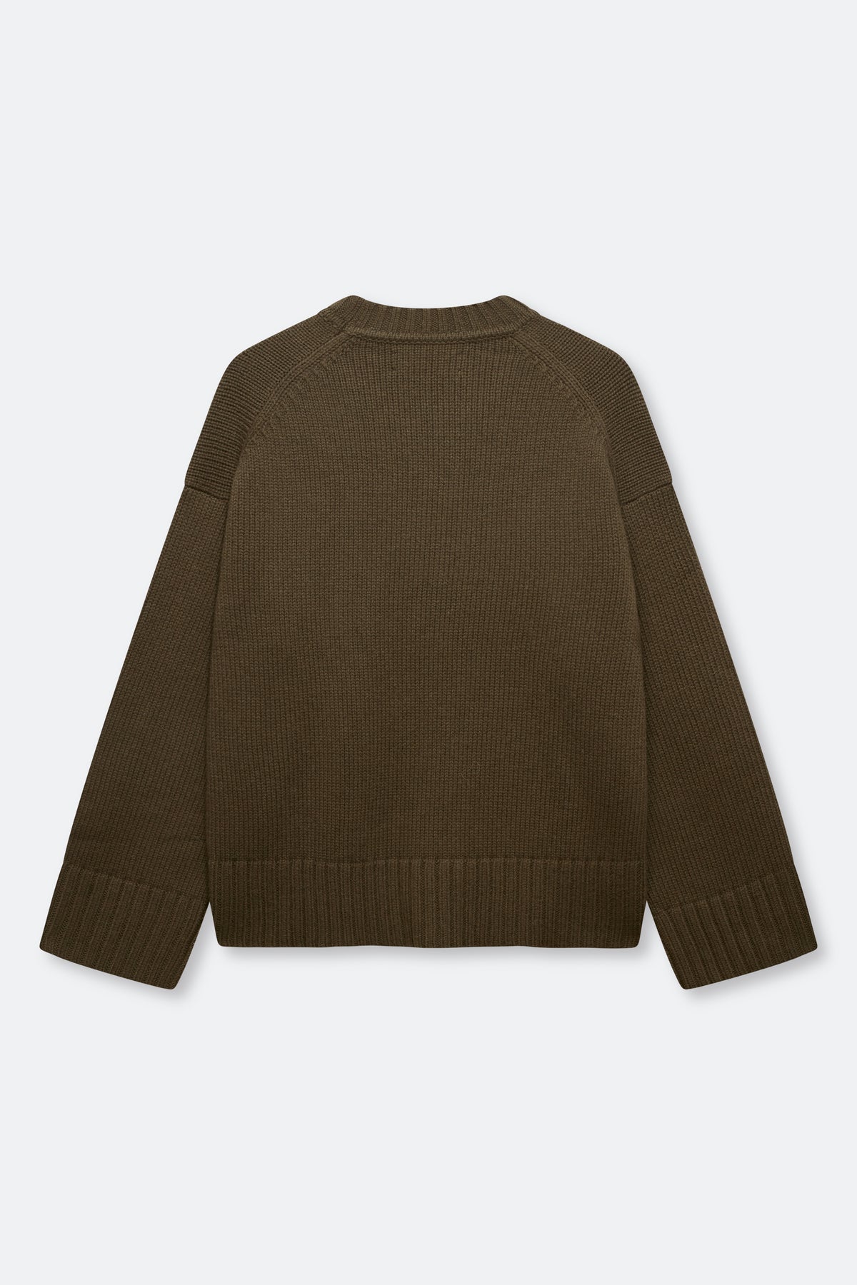 A dark brown ribbed knit sweater shown from the back, laid flat against a light gray background.