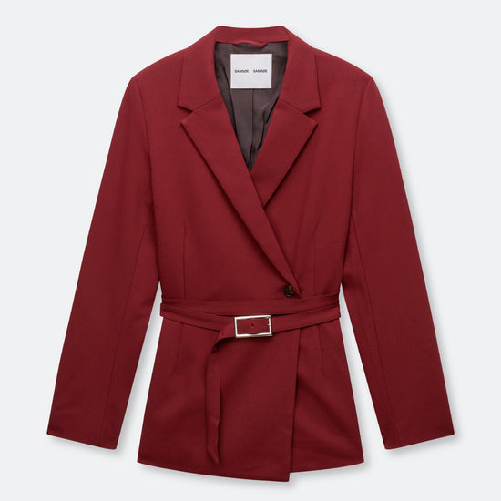A dark red wrap blazer with a matching waist tie and silver buckle, shown flat on a light gray background.