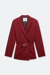 A dark red wrap blazer with a matching waist tie and silver buckle, shown flat on a light gray background.