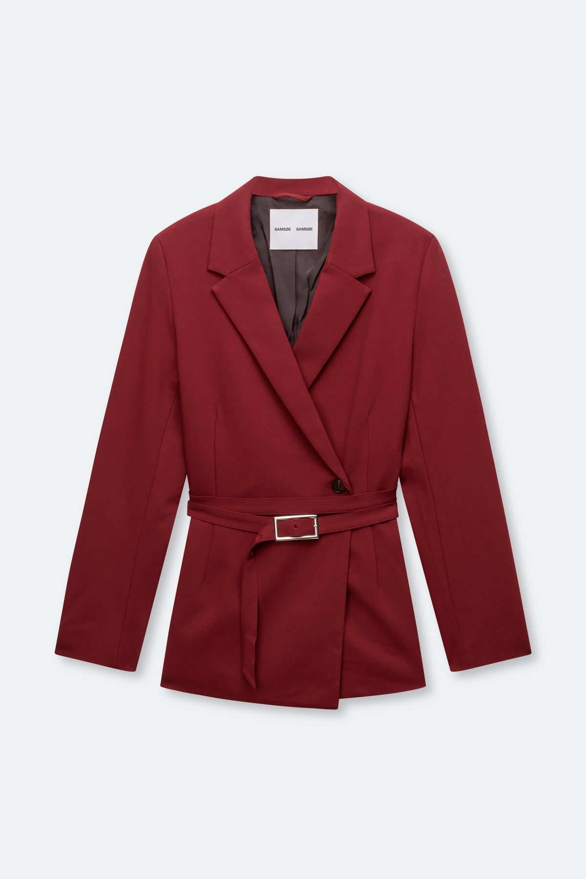 A dark red wrap blazer with a matching waist tie and silver buckle, shown flat on a light gray background.