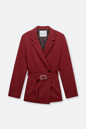A dark red wrap blazer with a matching waist tie and silver buckle, shown flat on a light gray background.