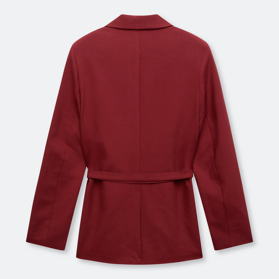 A dark red long-sleeve blazer shown from the back, featuring a collar and a matching waist tie, displayed on a light gray background.
