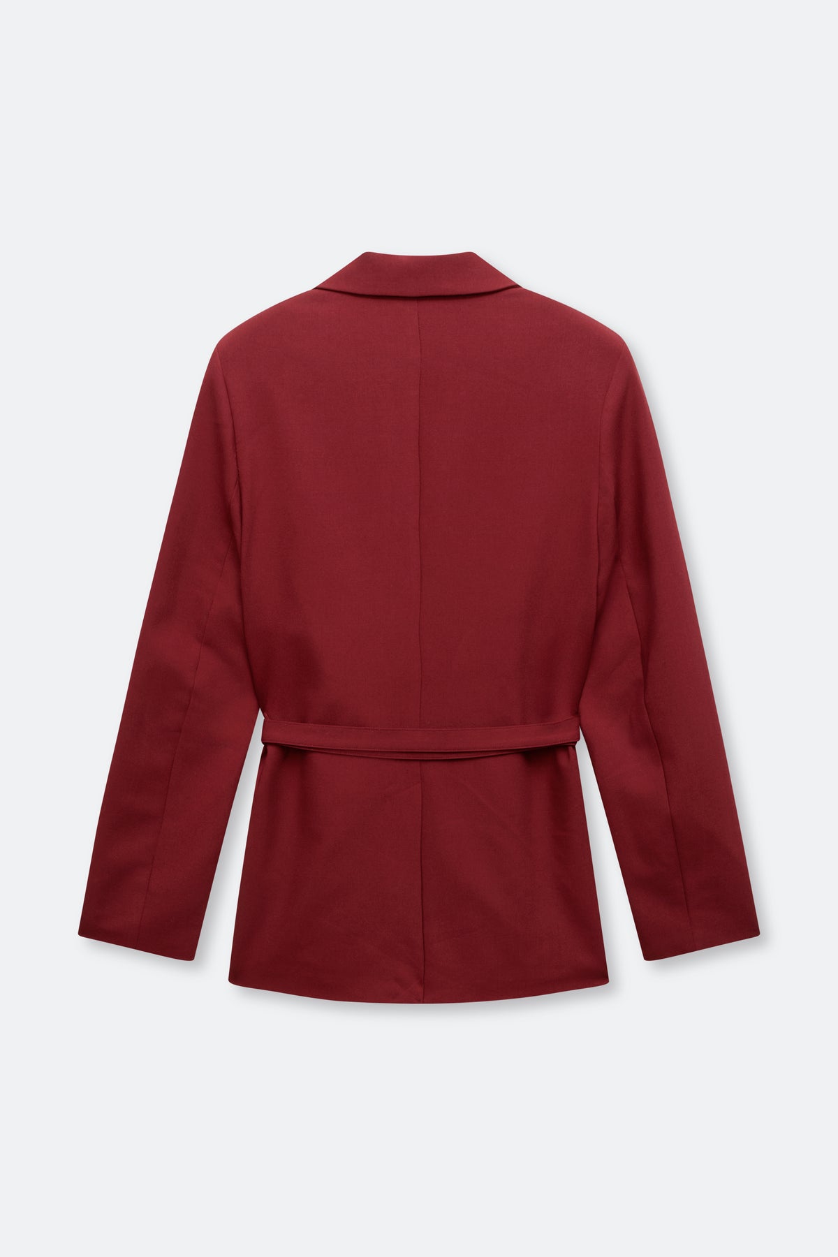 A dark red long-sleeve blazer shown from the back, featuring a collar and a matching waist tie, displayed on a light gray background.