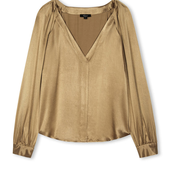 gold V neck shirt that buttons through in a hidden placket