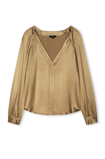 gold V neck shirt that buttons through in a hidden placket