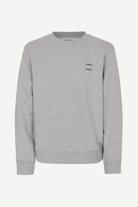 grey crew neck jumper with samsoe branding on the chest and ribbed cuffs, hem and neck