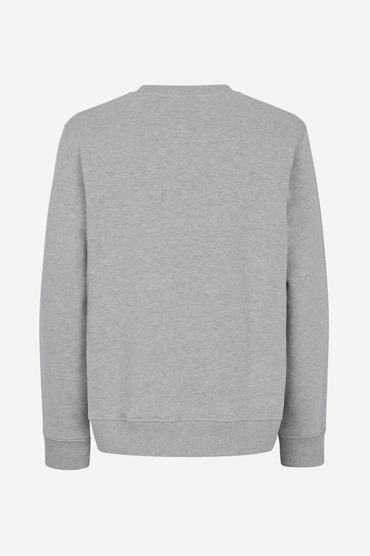 grey crew neck jumper with samsoe branding on the chest and ribbed cuffs, hem and neck rear view 