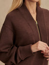 chocolate brown half zip jumper with dropped shoulder, rib detailing and gold zip close up