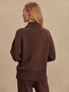 chocolate brown half zip jumper with dropped shoulder, rib detailing and gold zip rear view