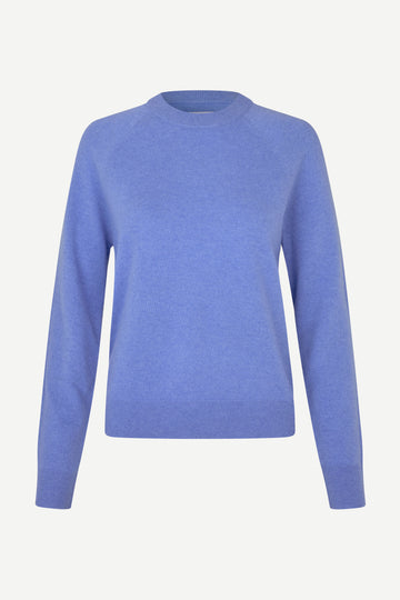 blue round neck jumper with ribbed neck, cuffs and hem from samsoe samsoe