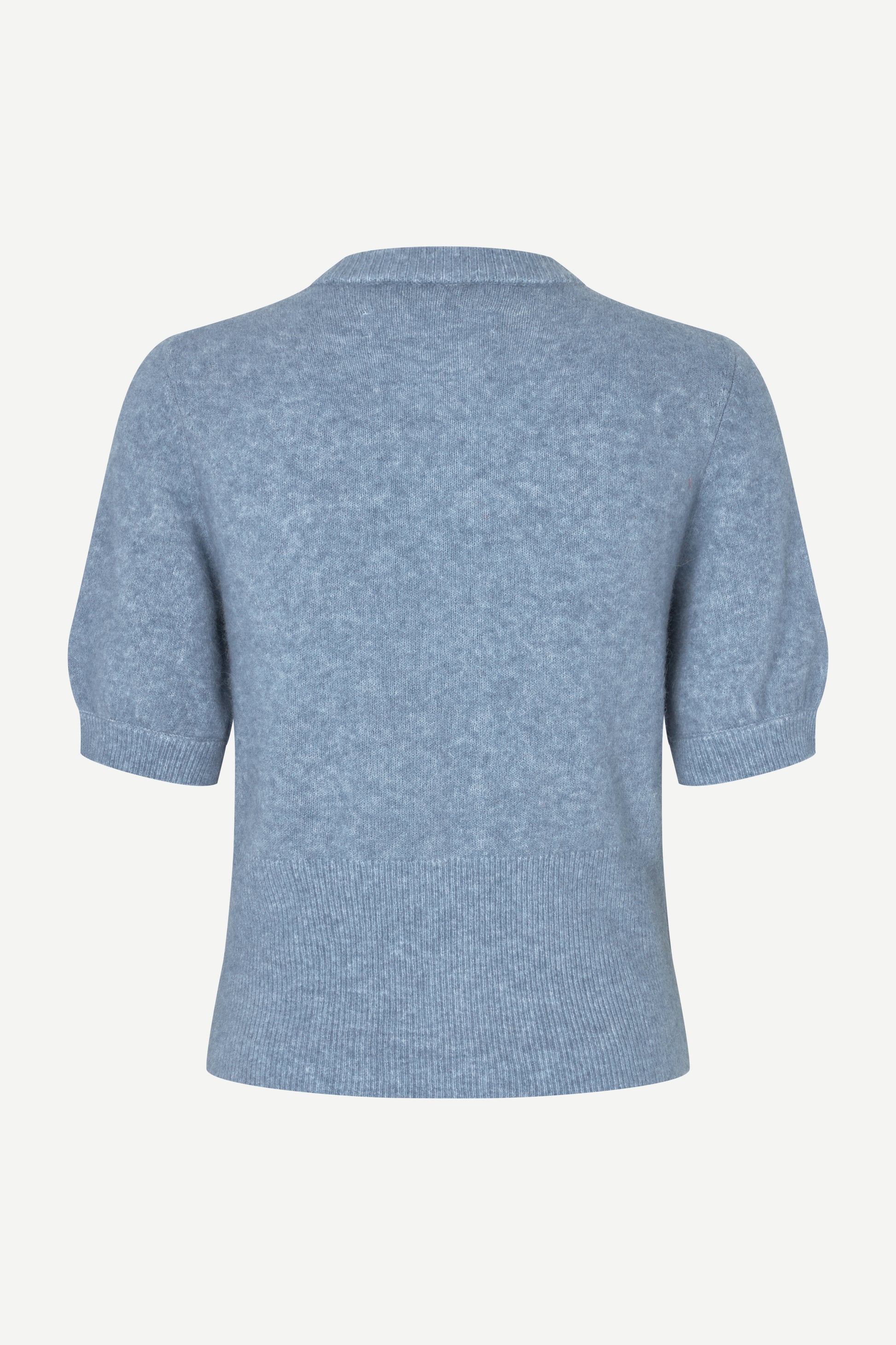 A light blue short-sleeve knit top shown from the back, featuring a ribbed hem and cuffs, on a plain off-white background.