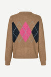 A brown knit sweater with a large argyle pattern on the back, featuring pink, black, and light blue diamonds, shown against a plain light background.