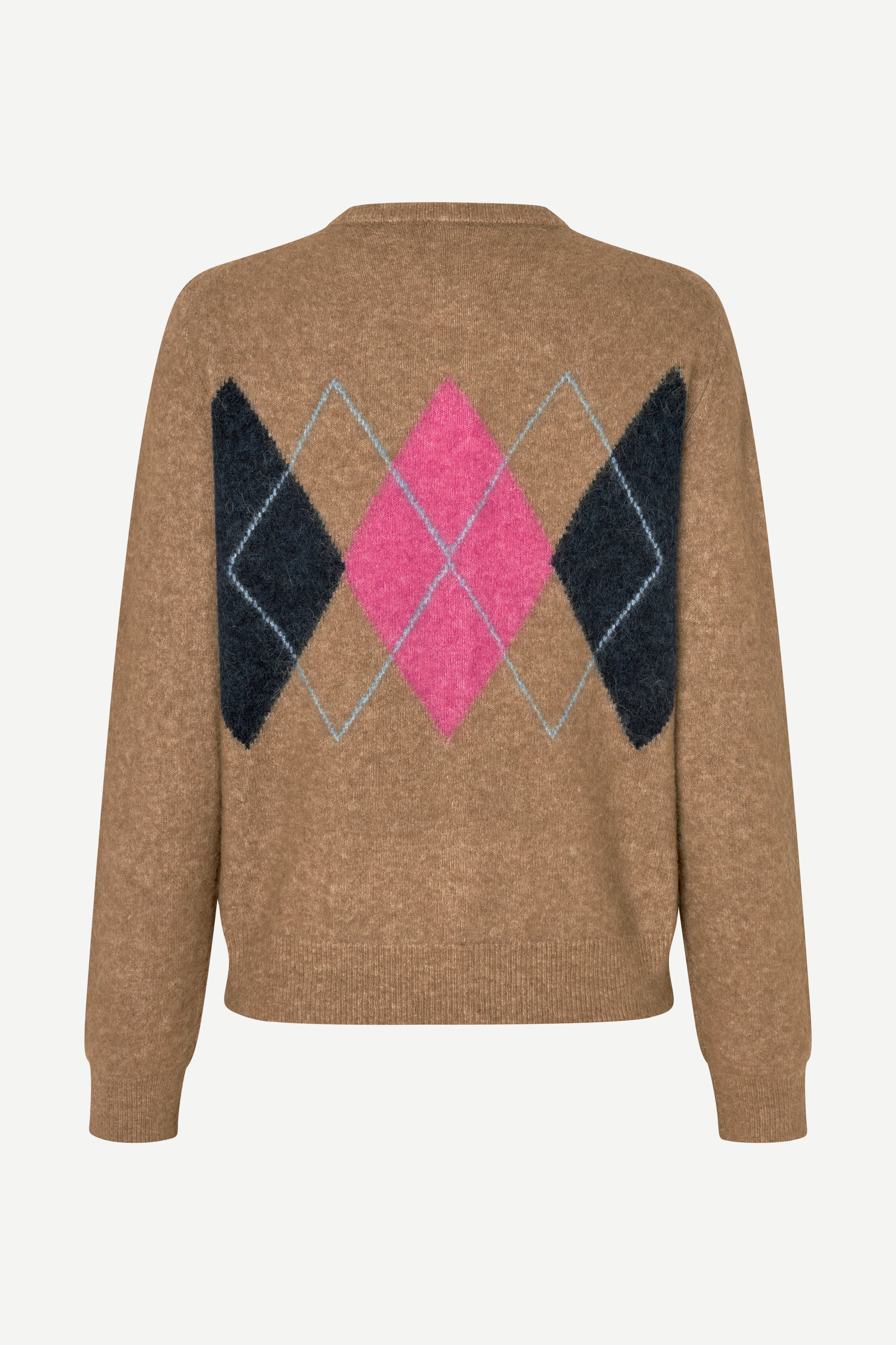 A brown knit sweater with a large argyle pattern on the back, featuring pink, black, and light blue diamonds, shown against a plain light background.