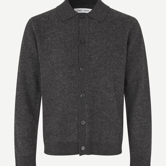 A dark gray heathered knit cardigan sweater with a button-up front and a classic collar, shown on a clean white background.