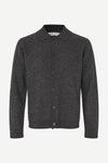 A dark gray heathered knit cardigan sweater with a button-up front and a classic collar, shown on a clean white background.
