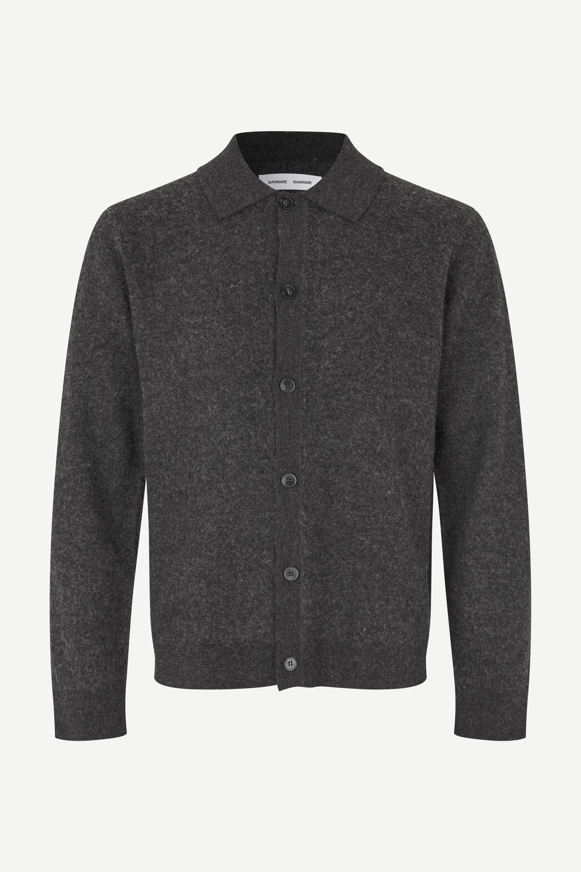 A dark gray heathered knit cardigan sweater with a button-up front and a classic collar, shown on a clean white background.
