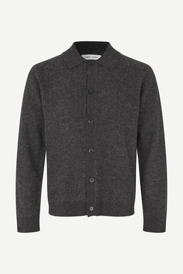 A dark gray heathered knit cardigan sweater with a button-up front and a classic collar, shown on a clean white background.