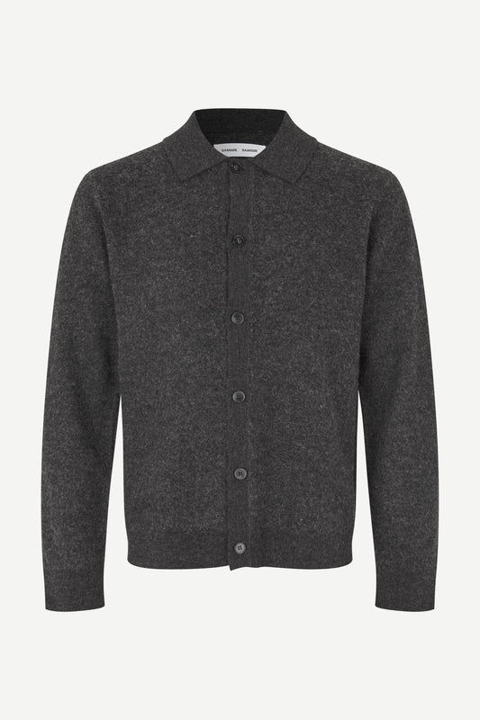 A dark gray heathered knit cardigan sweater with a button-up front and a classic collar, shown on a clean white background.