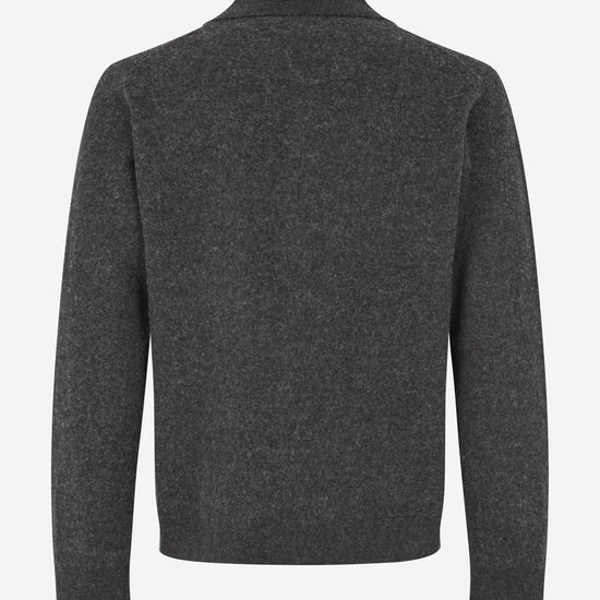 A dark gray heathered knit sweater shown from the back, featuring a mock neck collar and long sleeves, on a plain light background.