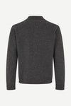 A dark gray heathered knit sweater shown from the back, featuring a mock neck collar and long sleeves, on a plain light background.