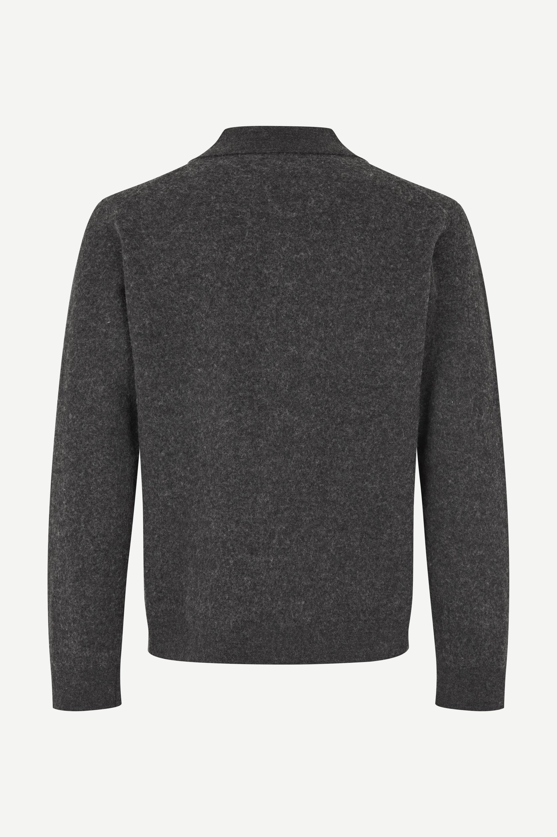 A dark gray heathered knit sweater shown from the back, featuring a mock neck collar and long sleeves, on a plain light background.