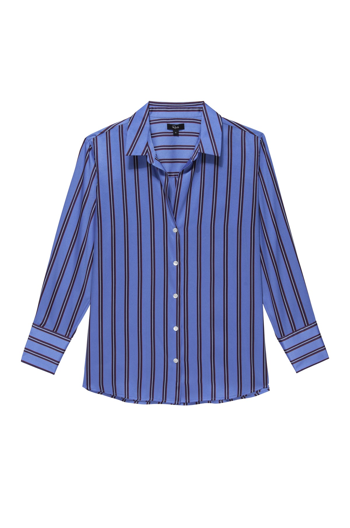 Blue satin shirt with long sleeves and button fastening with a vertical burgundy navy and white stripe