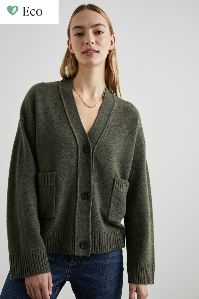 Moss green V neck cardigan with ribbed cuffs hem and collar and plastic button fastening with two patch pockets