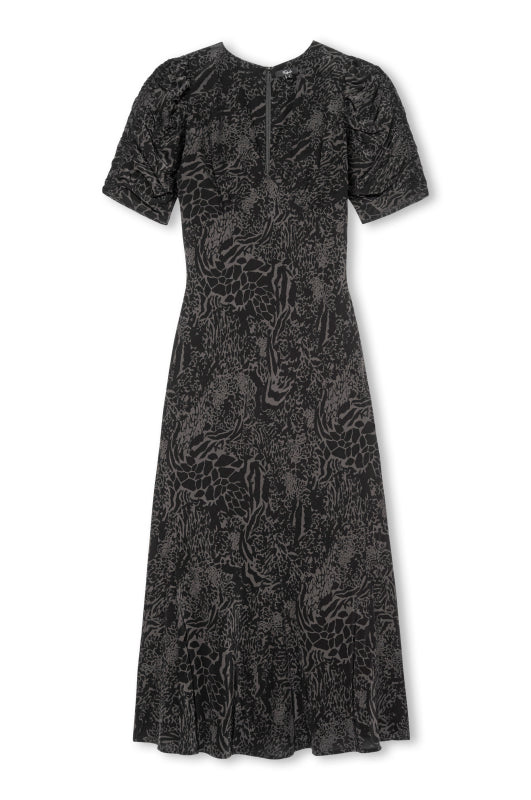 dark grey animal print v neck dress with short sleeves 