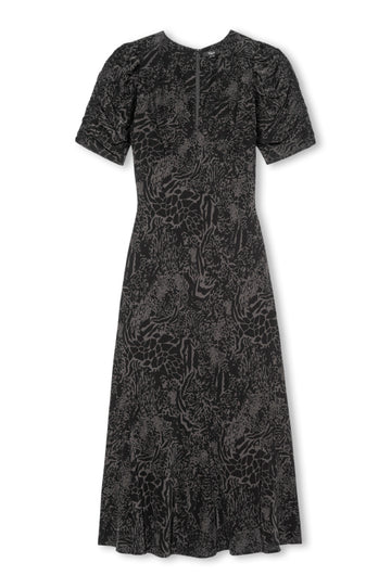 dark grey animal print v neck dress with short sleeves 
