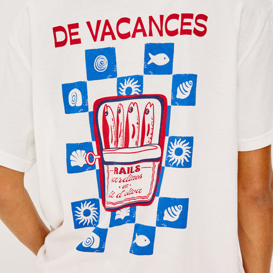 white round neck short sleeve tee with sardine print on the rear form rails  rear 