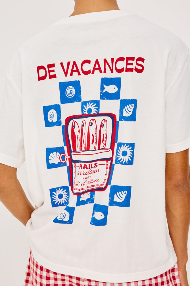 white round neck short sleeve tee with sardine print on the rear form rails  rear 