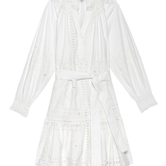 White Broderie Anglais short dress with self tie matching fabric belt and long sleeves with elasticated cuffs