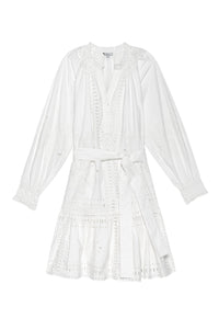White Broderie Anglais short dress with self tie matching fabric belt and long sleeves with elasticated cuffs