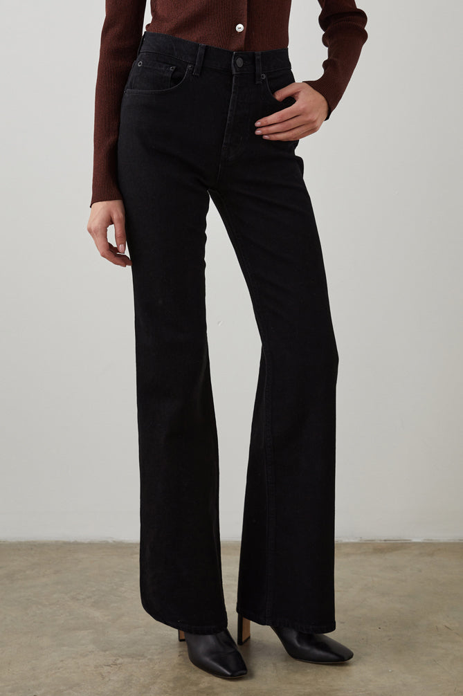 Black wide leg jeans with button fly
