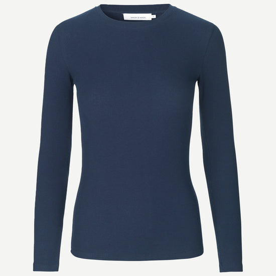 round neck ribbed long sleeves cotton top in navy blue from samsoe samsoe