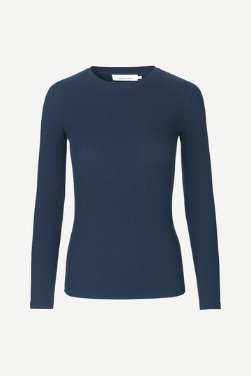 round neck ribbed long sleeves cotton top in navy blue from samsoe samsoe