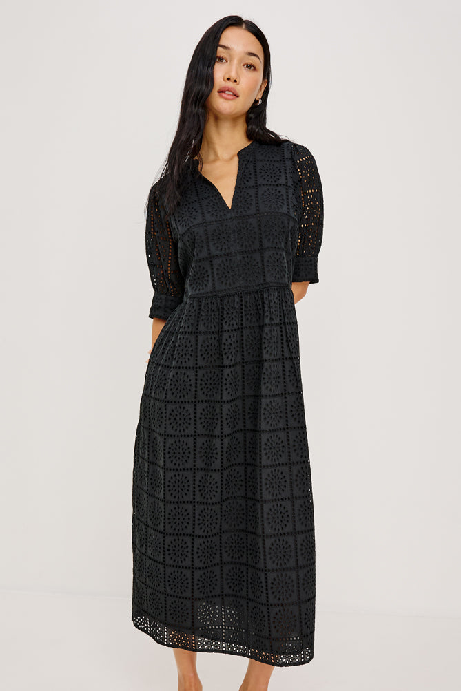 short sleeve black grid embroidery dress from rails model