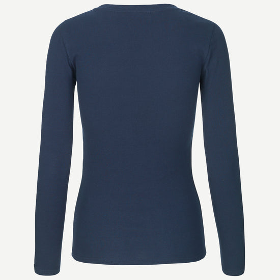 round neck ribbed long sleeves cotton top in navy blue from samsoe samsoe rear veiw