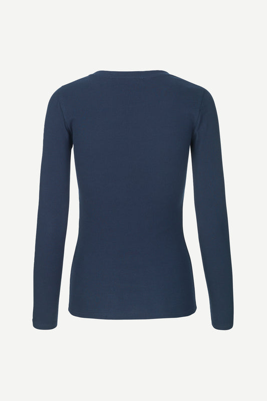 round neck ribbed long sleeves cotton top in navy blue from samsoe samsoe rear veiw