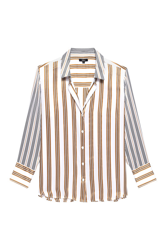Oyster silk shirt with bronze and black vertical stripe