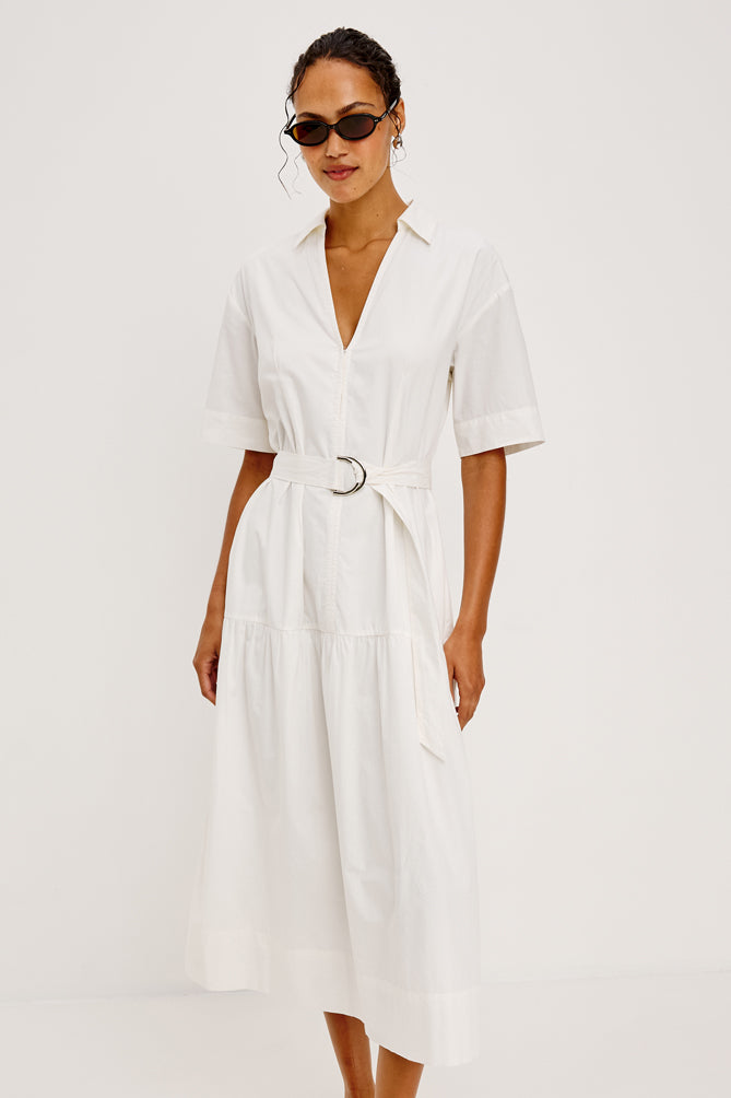 short sleeve collar v neck midi white dress with belt from rails model