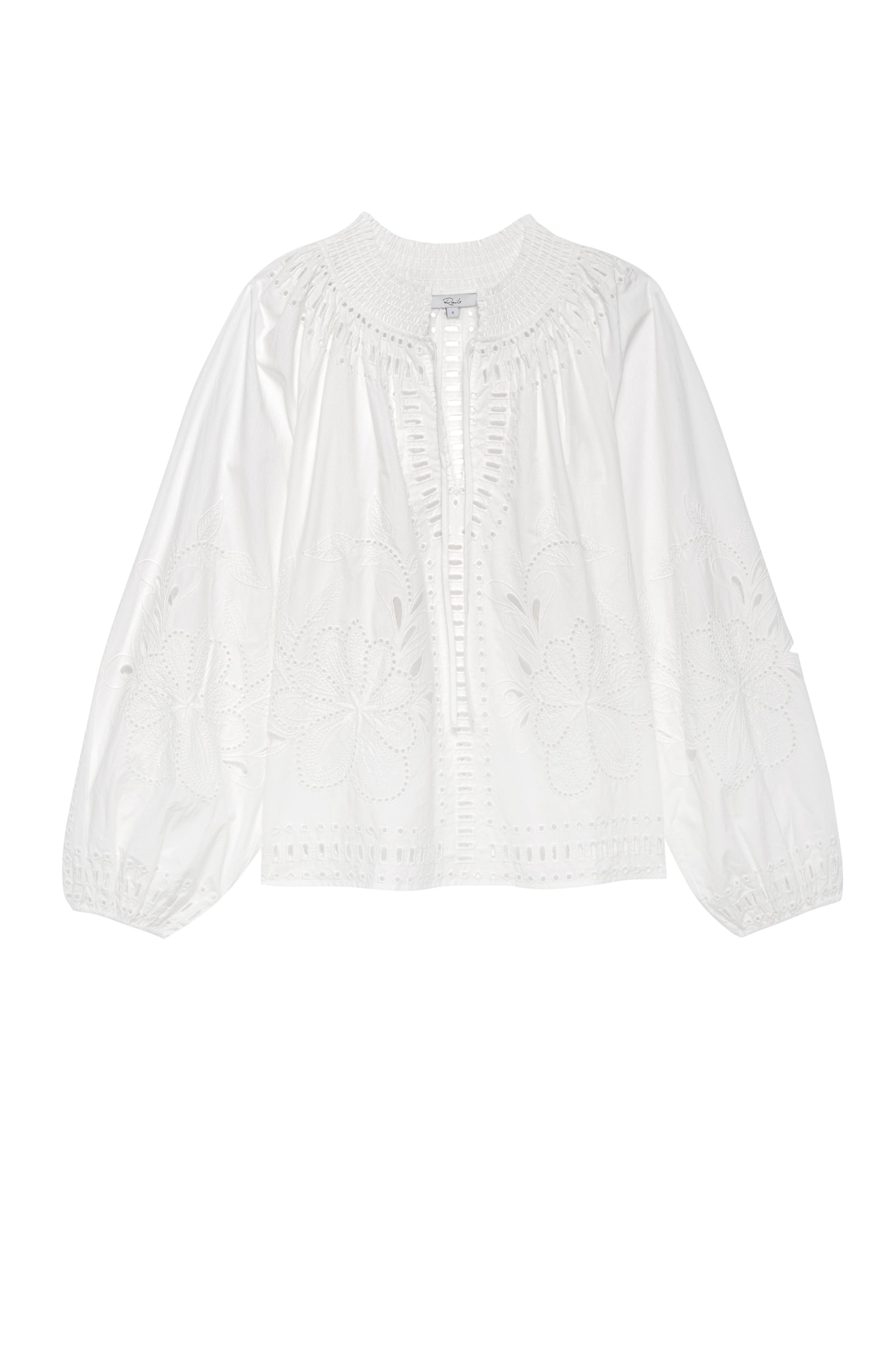 White Broderie anglais and embroidery top with notch neckline and tie with long sleeves and elasticated cuffs