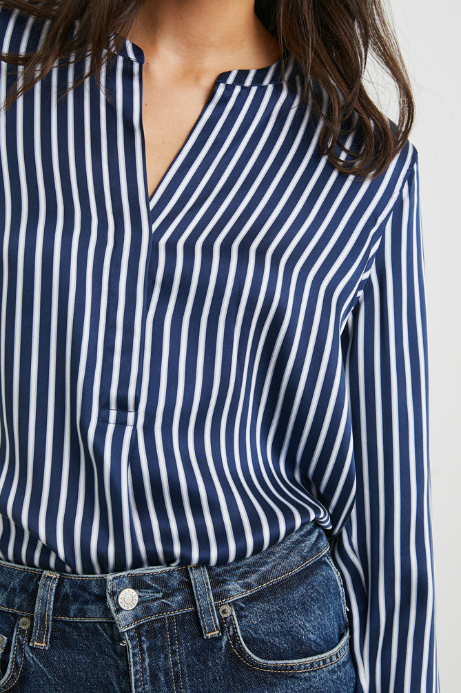 Long sleeved silk shirt in navy and white stripe
